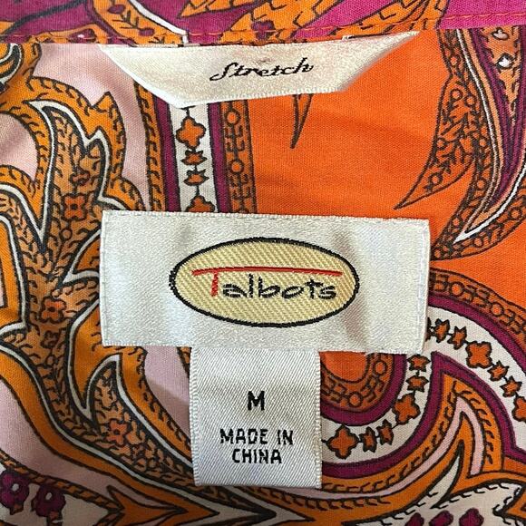 Talbots button front long sleeve shirt festive colorful orange pink statement M - Picture 3 of 5